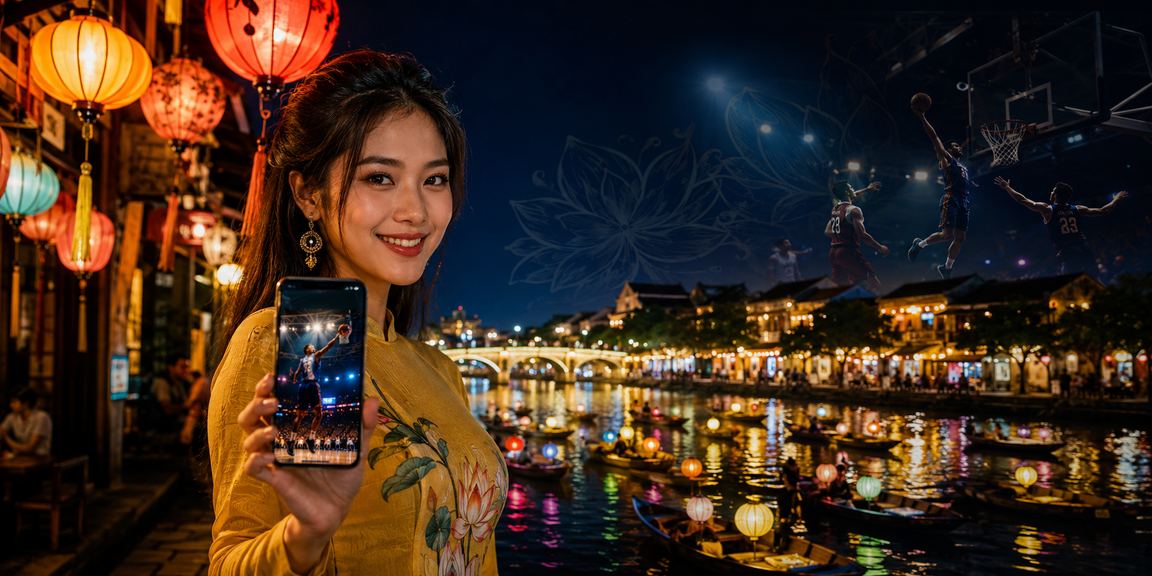 Người hâm mộ bóng rổ tại chợ đêm Hội An theo dõi kèo cá cược thể thao trên điện thoại